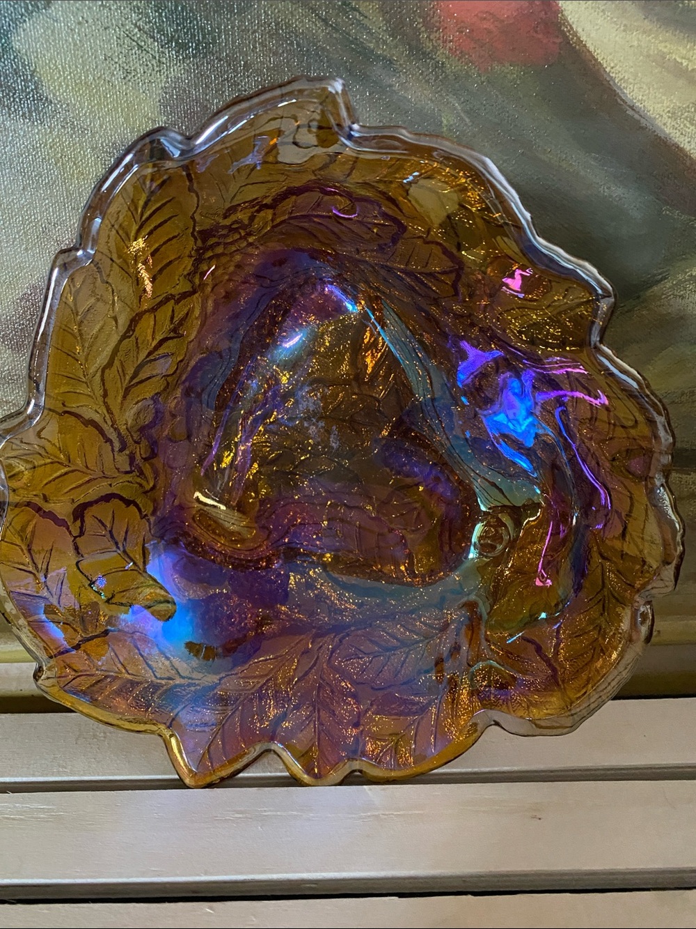 Vintage “Loganberry" amber/marigold carnival glass bowl by Indiana Glass.